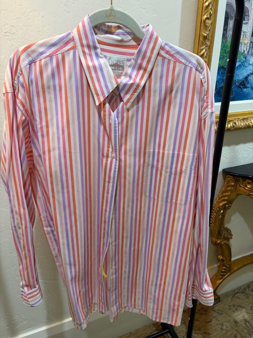 Moda Striped Button-Up Shirt in Pink, Purple and White